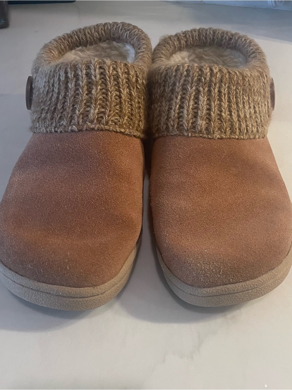 Clarks Tan Suede Slip-On Clog with Knit Cuff